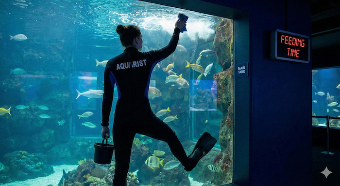 An aquarist cleaning the main tank (メインタンクを掃除する飼育員)