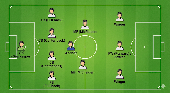 サッカーのポジションとフォーメーション図。