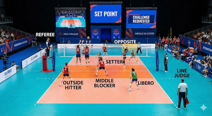Labeled volleyball court with player positions and officials. / 選手の位置と審判がラベル付けされたバレーボールコート。