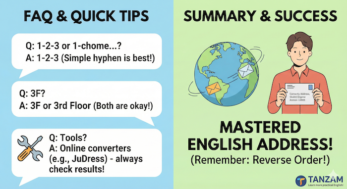 FAQ about English addresses and summary infographic. / 英語住所に関するFAQとまとめのインフォグラフィック。