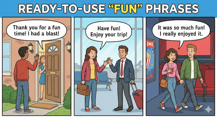 さまざまな場面での「楽しい」フレーズを示すコミック。