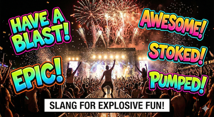 「楽しい」を表すスラングが書かれたフェスの写真。