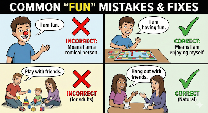 「fun」という単語のよくある間違いを修正するチャート。