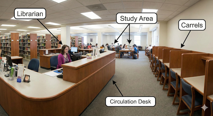 図書館内の英語ラベル付き写真。