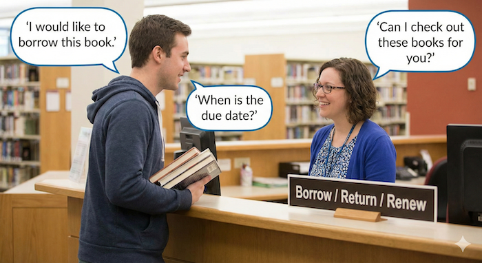 図書館の貸出カウンターでの英会話。