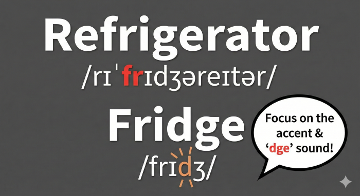 Pronunciation of refrigerator and fridge. /「Refrigerator」と「Fridge」の発音記号