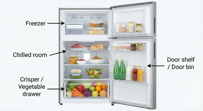 Labeled refrigerator internal compartments. / 冷蔵庫の各部名称（英語ラベル）