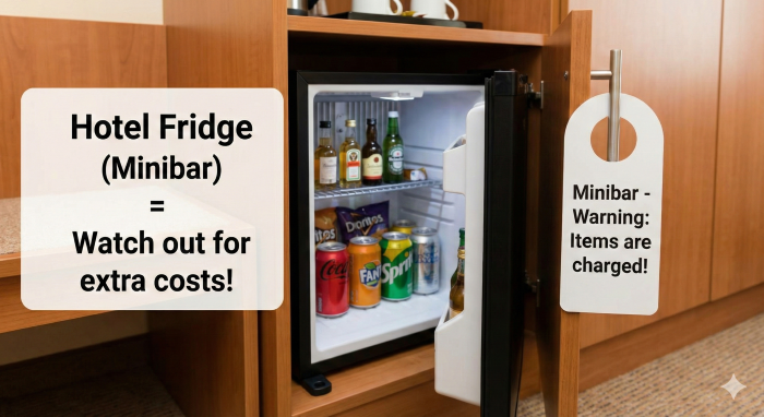 Hotel minibar with price warning. / ホテルのミニバーと料金の警告