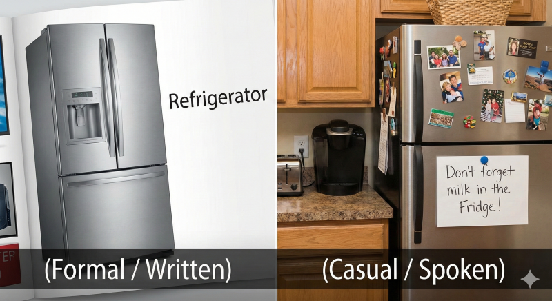 Formal refrigerator vs. casual fridge. / 正式な「Refrigerator」と日常的な「Fridge」