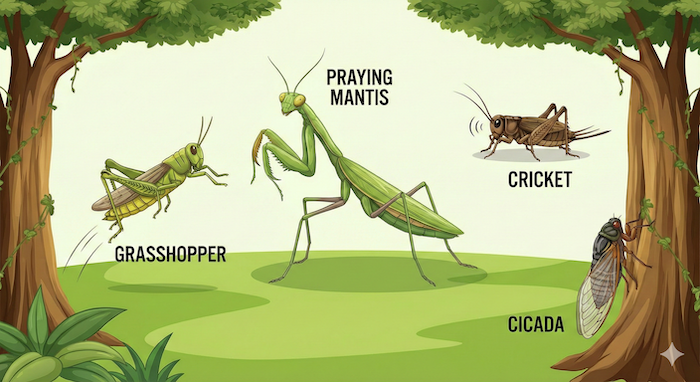 カマキリと関連する昆虫の図。