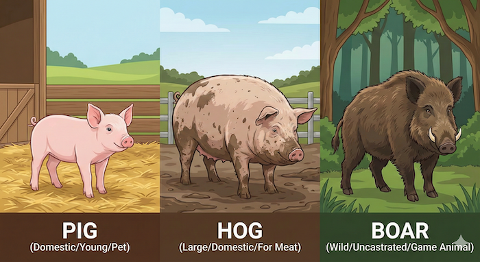 ブタ、食用豚、イノシシの違いを示すイラスト
