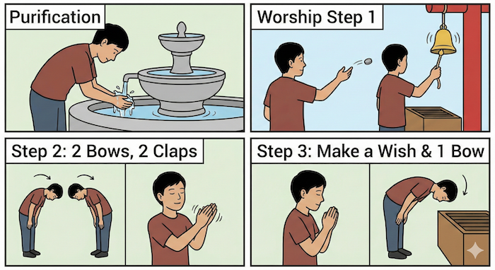 How to worship at a shrine comic. 神社の参拝方法の漫画。