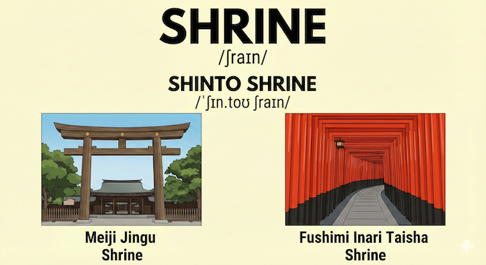 "Shrine" definition and examples infographic. 「Shrine」の定義と例の図。