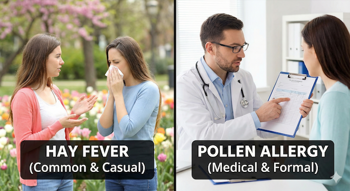 Hay fever terms split-screen photo. 花粉症の英語表現の分割写真。