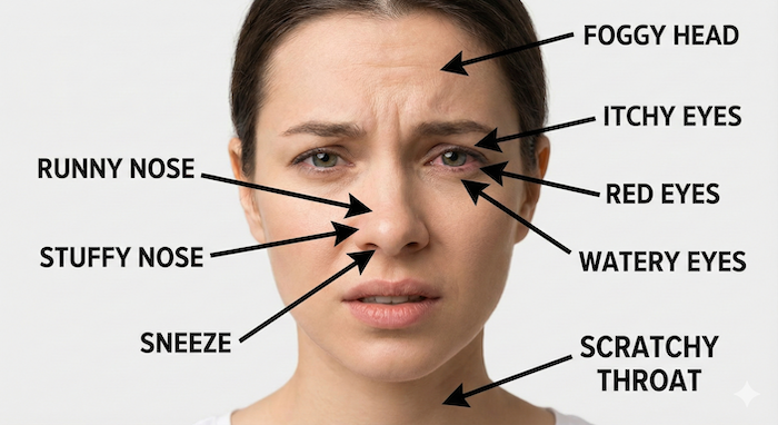 Hay fever symptoms face infographic. 花粉症の症状の顔写真インフォグラフィック。
