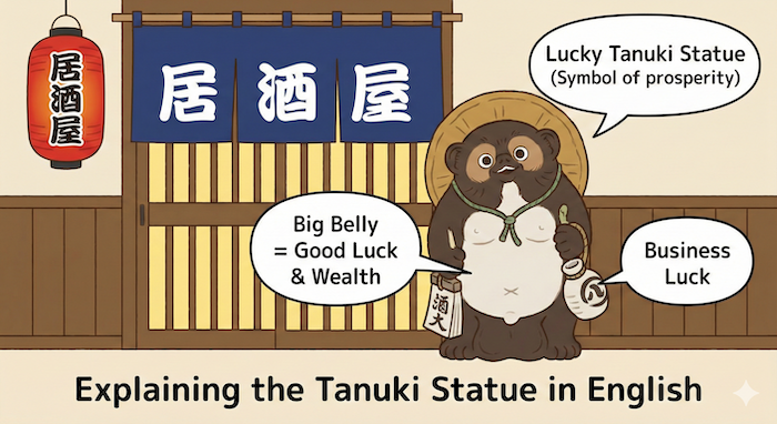 英語でたぬきの置物を説明する