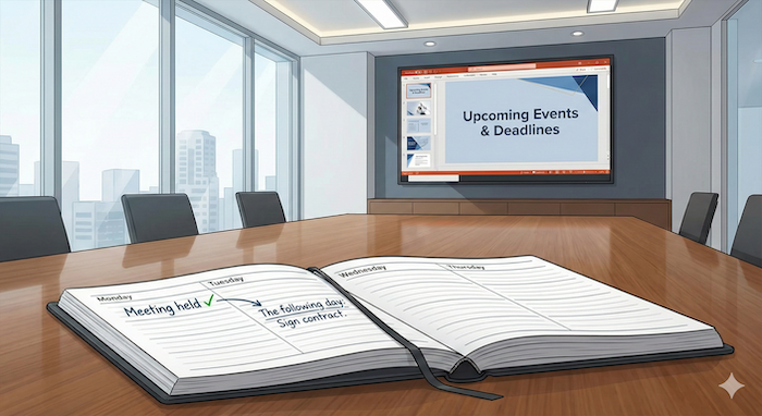 Business setting showing future planning. 将来の計画を示すビジネスの場面。