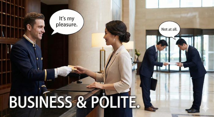 高級ホテルのロビーで丁寧な英語が使われている様子の写真。