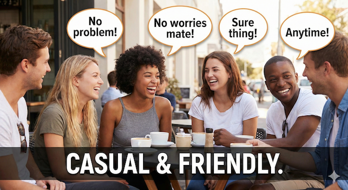 友人たちがカフェでカジュアルな英語のフレーズで話している写真。