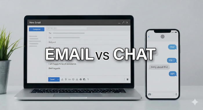 ビジネスメールとチャットアプリでの「どういたしまして」の比較写真。