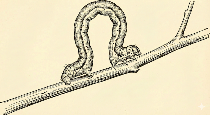 Inchworm looping on a branch. / 枝の上を移動するシャクトリムシ。