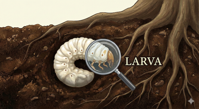 Magnifying glass on a larva in soil. / 土の中の幼虫と虫眼鏡。
