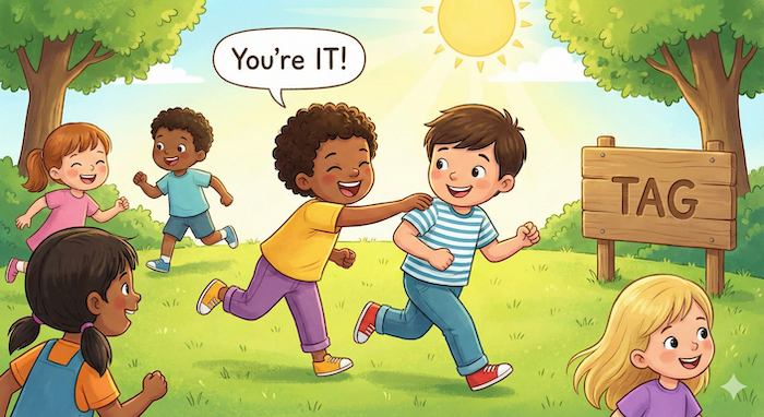 Children playing tag, no monsters / 鬼ごっこをする子供たち、怪物なし