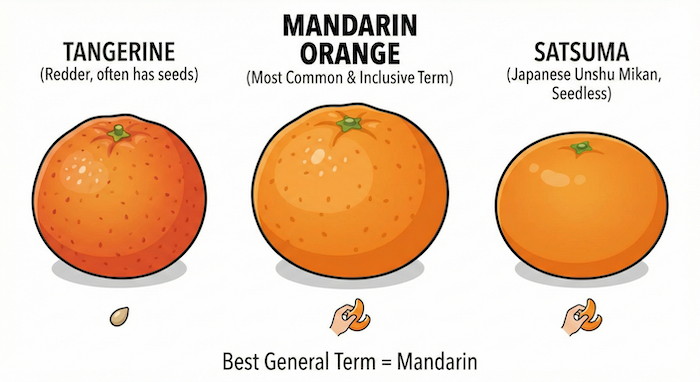 Tangerine, Mandarin, Satsuma comparison infographic / タンジェリン、マンダリン、サツマの比較図