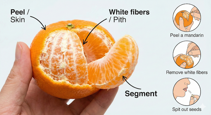 Mandarin parts and actions diagram / みかんの部位と動作の図解