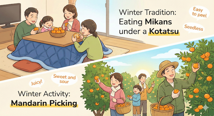 Japanese mikan winter traditions illustration / 日本のみかん冬の習慣イラスト