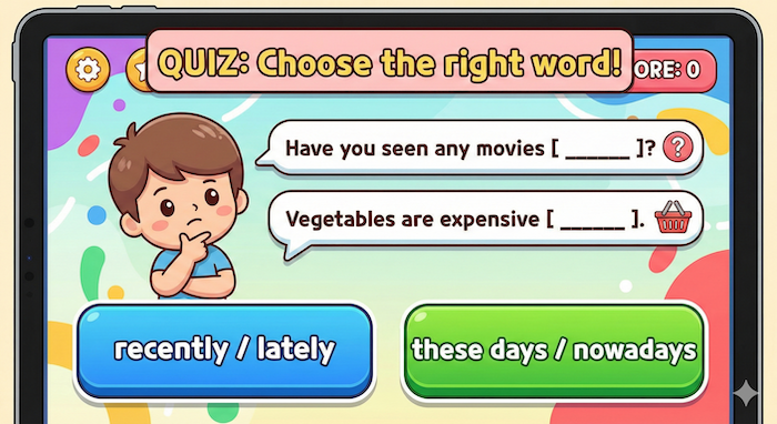 Interactive quiz interface for English usage. (英語の使い分けクイズ画面イラスト。)