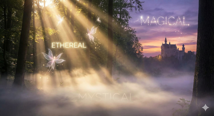 Mystical forest with glowing fairies and a castle at sunset. / 妖精が舞う神秘的な森と夕暮れの城。