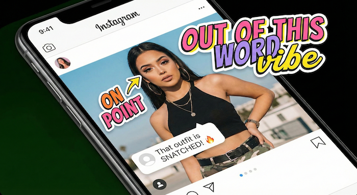 Smartphone screen showing an Instagram post with slang text. / インスタグラムの投稿画面とスラングテキスト。