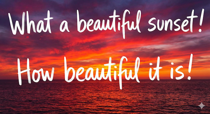 Dramatic sunset with expressive, handwritten text. / 手書きの感嘆文が書かれた劇的な夕焼け。