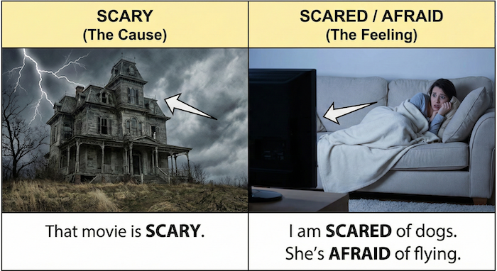 Scary vs. Scared grammar guide (恐怖の原因と感情の文法ガイド)