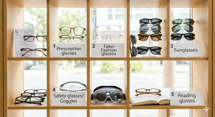 種類別に陳列されたメガネ店の棚。
