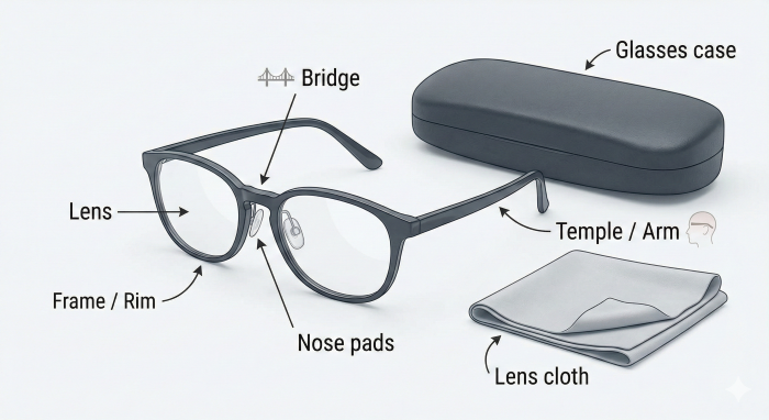 メガネの部品とアクセサリーの図。