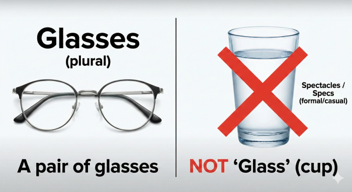 メガネとコップの複数形ルールの図。