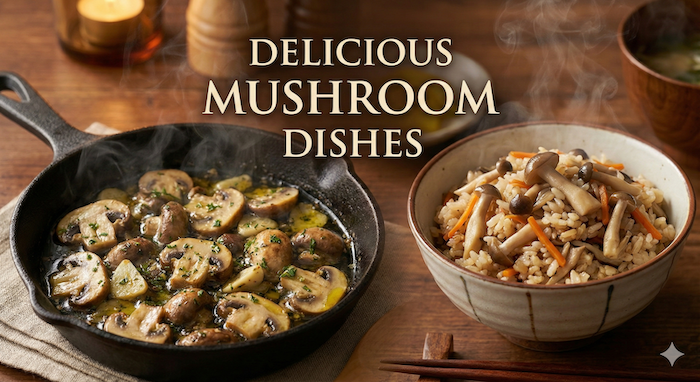 きのこ料理のグルメ写真 (Gourmet mushroom dishes photography)