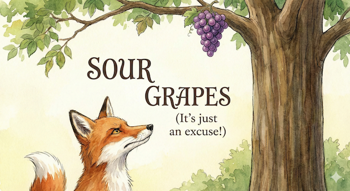 The fox and the sour grapes idiom. / 「酸っぱいブドウ」のキツネのイラスト。