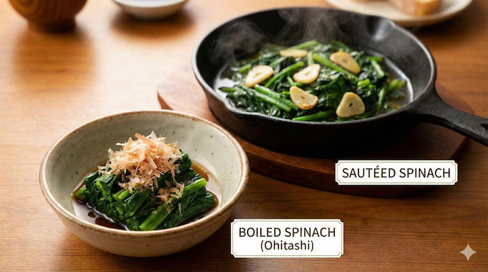 ほうれん草料理 おひたしとソテー (Spinach dishes: Ohitashi and Sautéed)