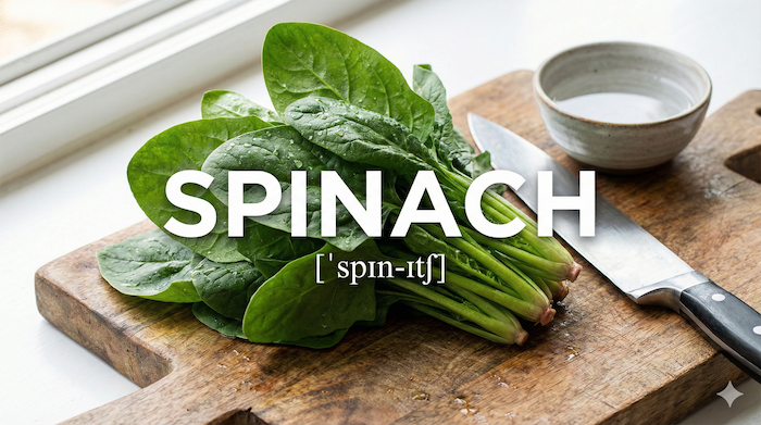 新鮮なほうれん草とSPINACHの文字 (Fresh spinach and SPINACH text)