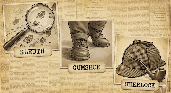 Vintage detective items collage. (ビンテージ探偵グッズのコラージュ。)