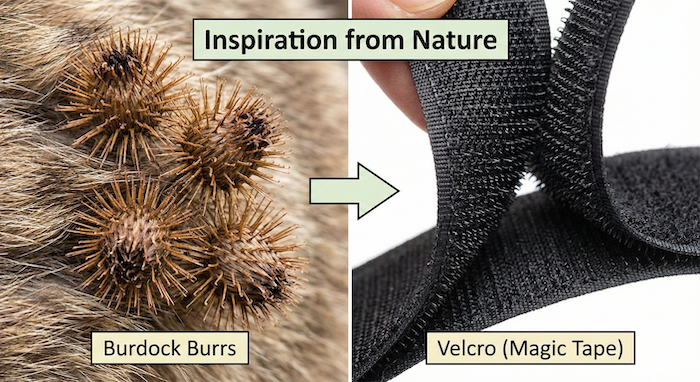 Burdock burrs inspired Velcro invention. JP: ゴボウの実がマジックテープのヒント。