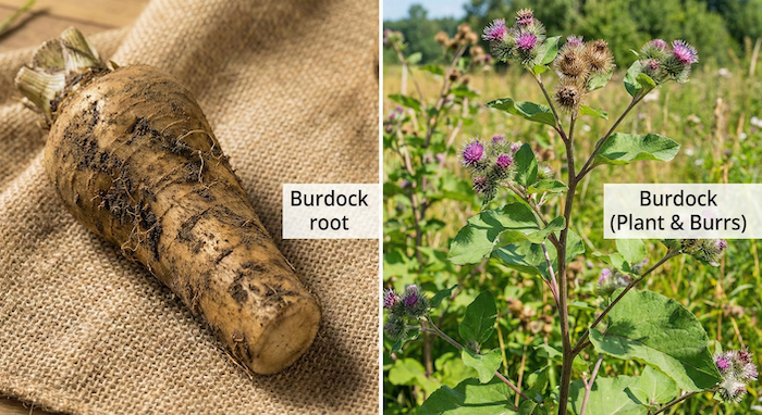 Burdock root and plant comparison. JP: ゴボウの根と植物の比較写真。
