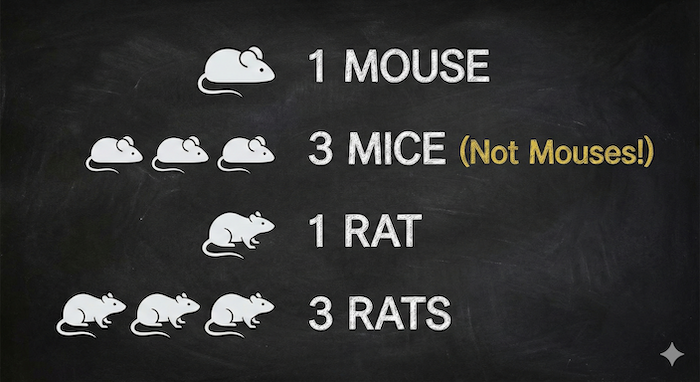 An educational chalkboard graphic showing the plural of mouse is mice and rat is rats. (ネズミの複数形がmiceであることを示す黒板の図)