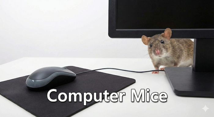 A playful photo of a real mouse and a computer mouse on a desk. (本物のネズミとパソコンのマウスが机の上にある面白い写真)