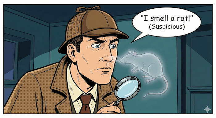 A comic panel of a detective saying "I smell a rat!" with a ghostly rat. (探偵が「ネズミの匂いがする（怪しい）」と言っているコミック調の絵)