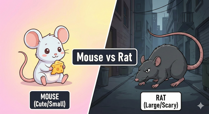 A split-screen comparison of a cute mouse and a scary rat. (かわいいネズミと怖いドブネズミの比較)