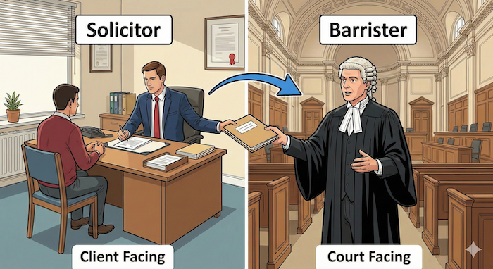Solicitor and Barrister roles. / 事務弁護士（Solicitor）と法廷弁護士（Barrister）の役割分担。